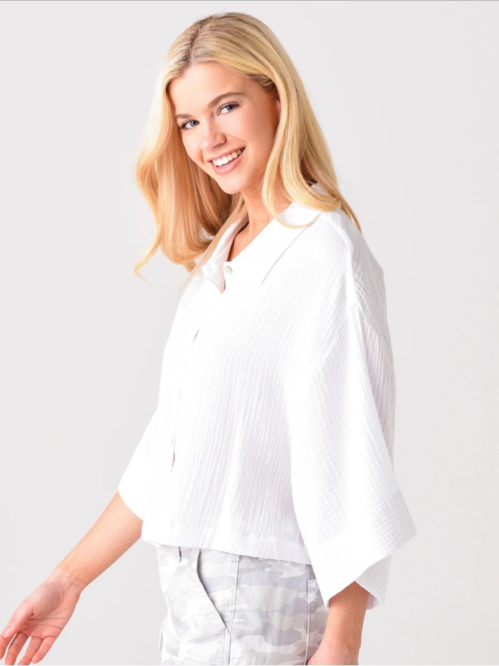 Z Supply White Gauze Button-Front Collared Crop Blouse Dolman Sleeve Boho Summer - Picture 3 of 7